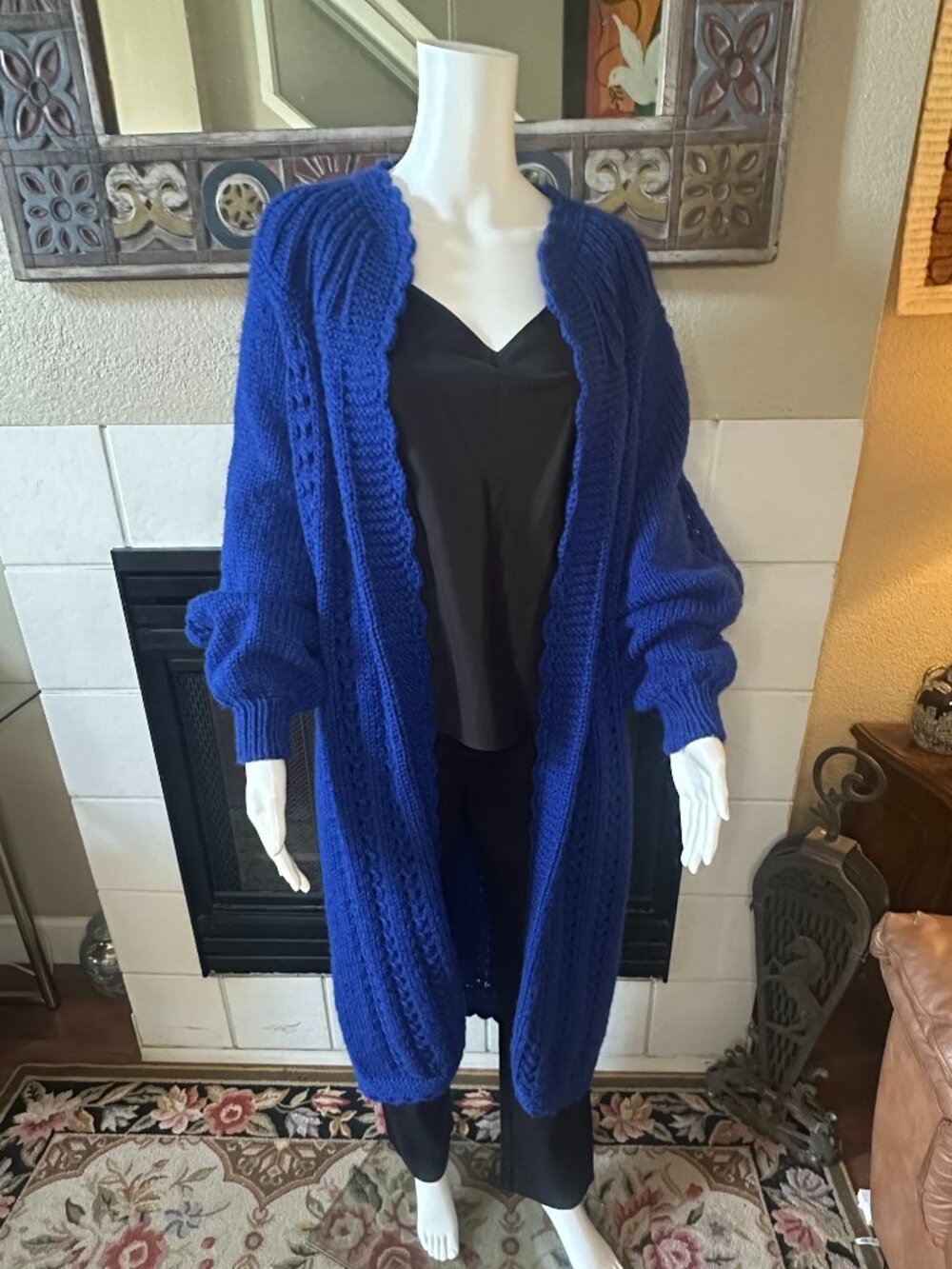 vtg Hand knitted Blue Chunky knit heavy Cardigan trench jacket 2X Bishop sleeve